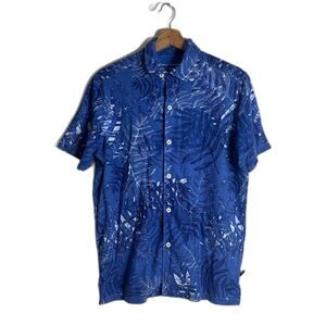 Tommy Bahama Shirt Mens Small Blue IslandZone Hawaiian Aloha Tropical Leaf Camp